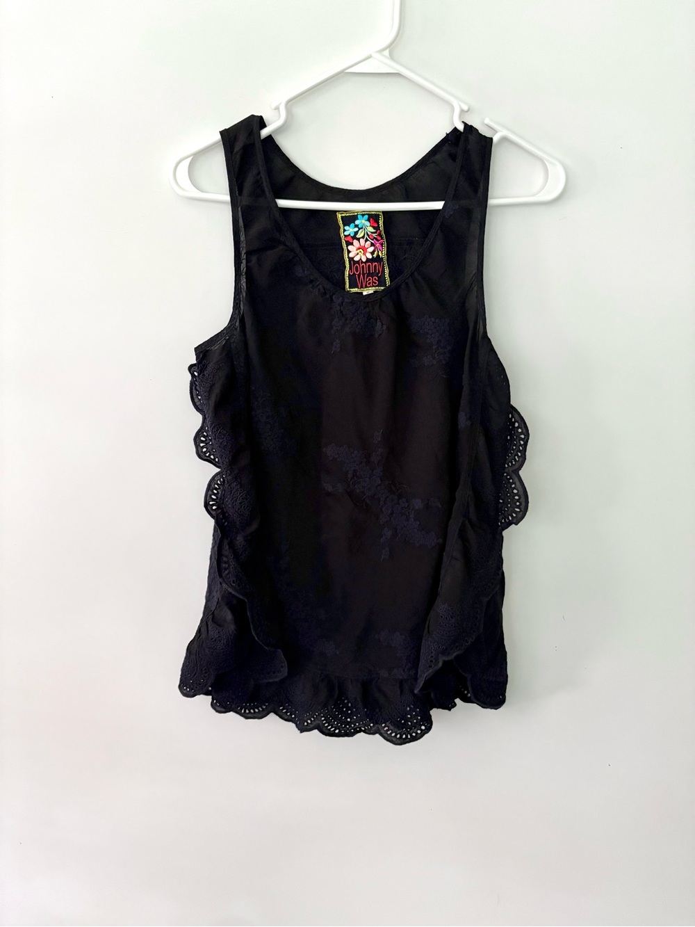 Johnny Was Black Sleeveless Ruffle Top | Boho Embroidered Eyelet Detail Small